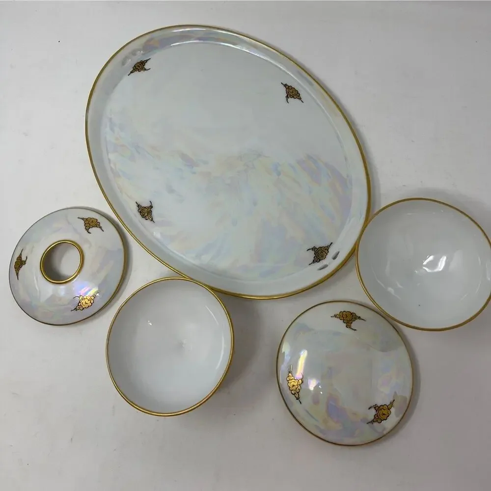 RS Tillowitz Silesia Dresser Set Opalescent Footed Hair Receiver Powder Jar Tray